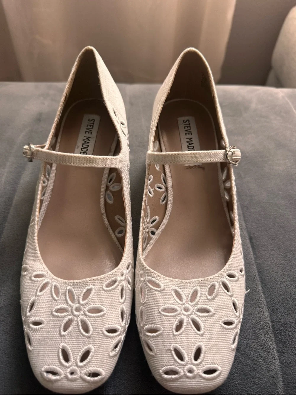 Steve Madden Cream Floral Cutout Mary Jane Heel with Button Strap